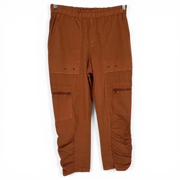 XCVI Burnt Orange Ruched Cargo Pants Womens Small Cropped Elastic Waist Utility - Picture 1 of 8